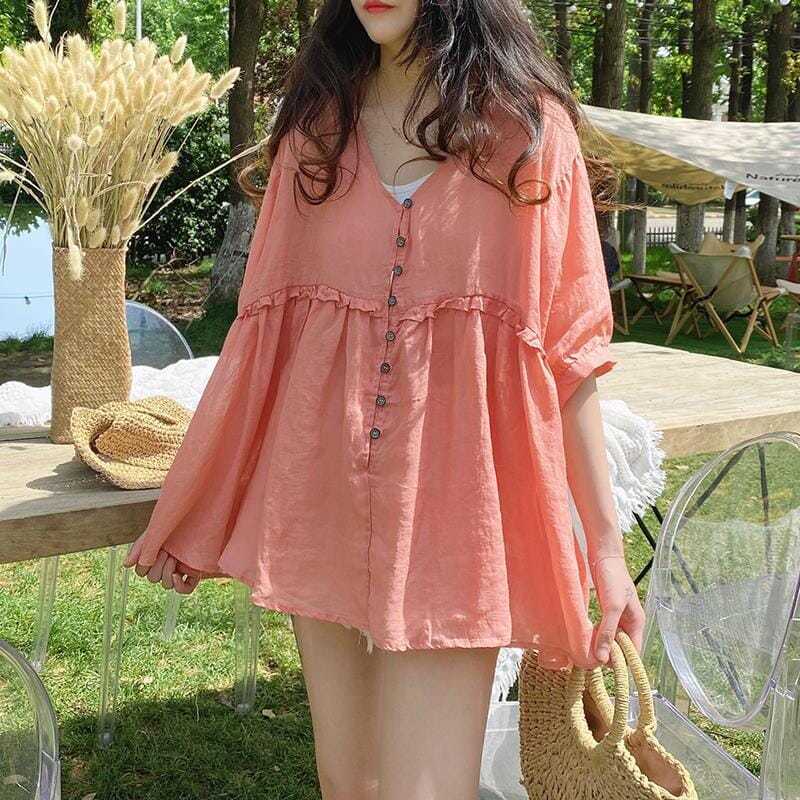 여름 인형 셔츠 블라우스 여성 한국어 느슨한 v-목 솔리드 컬러 푹신한 셔츠와 달콤한 나무 귀 여성 탑스 숙녀 탑스